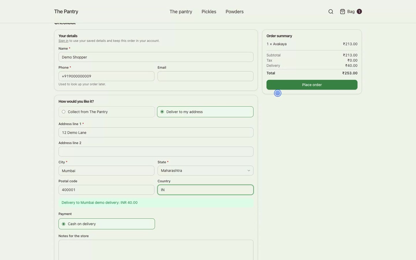 Checkout showing delivery charges, order total and payment options