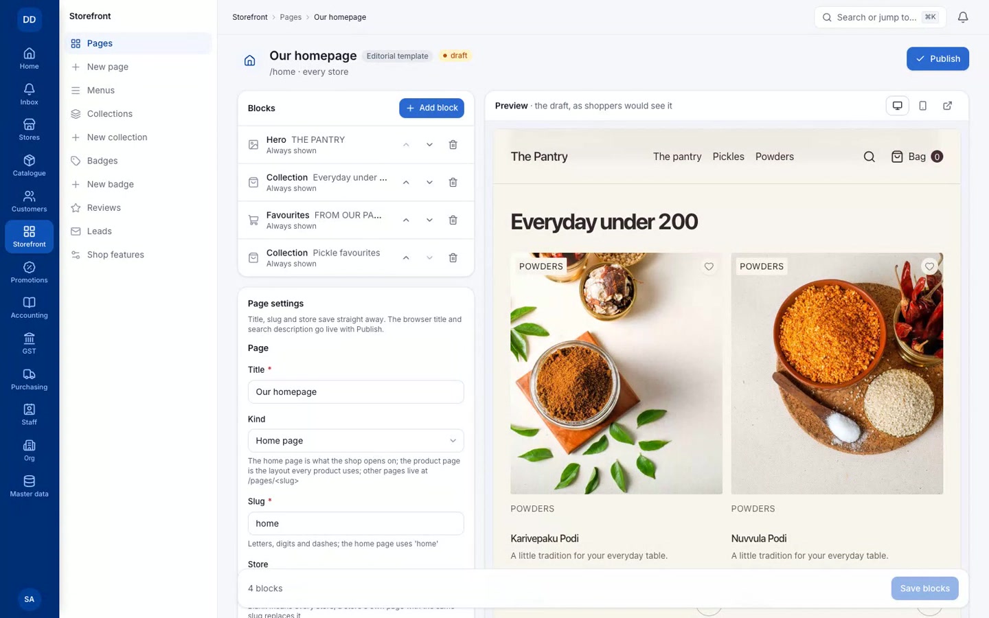 Homepage preview showing the reordered product collection sections