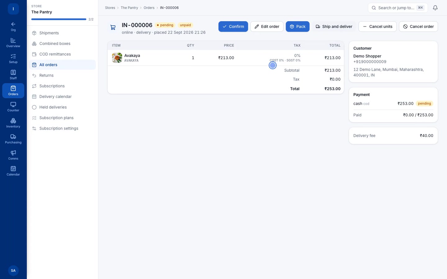 Admin order page for the cash-on-delivery test order