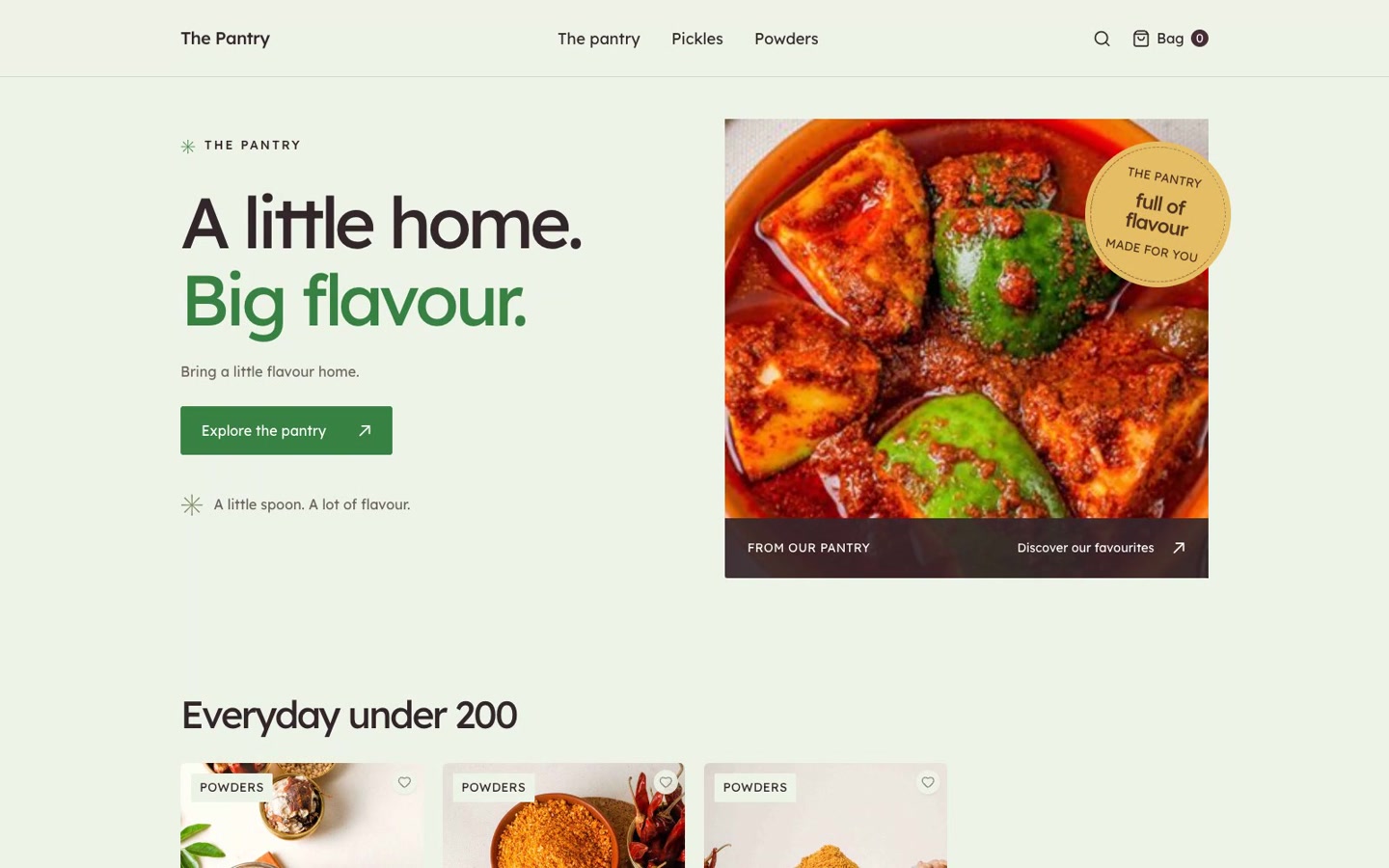 A published food storefront configured with Dhi Commerce